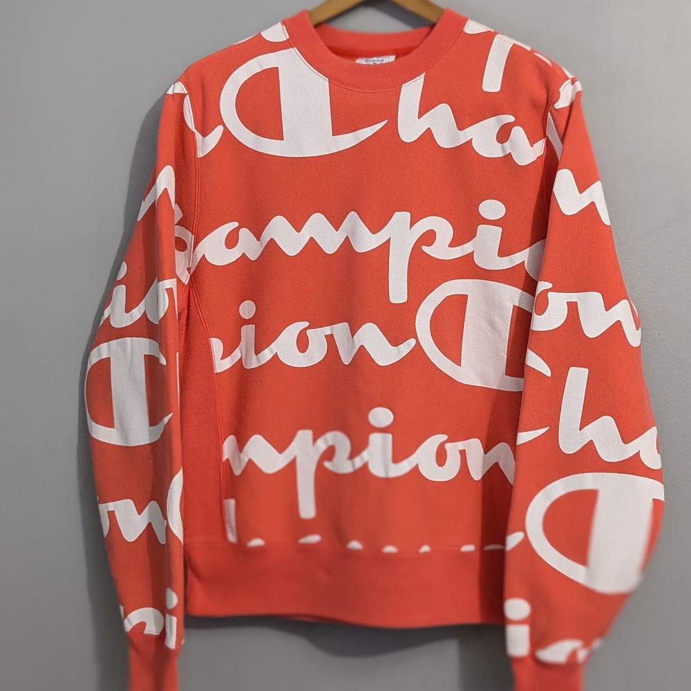 (M) Champion All-Over Block Logo Salmon and White Crewneck Men's Sweatshirt
